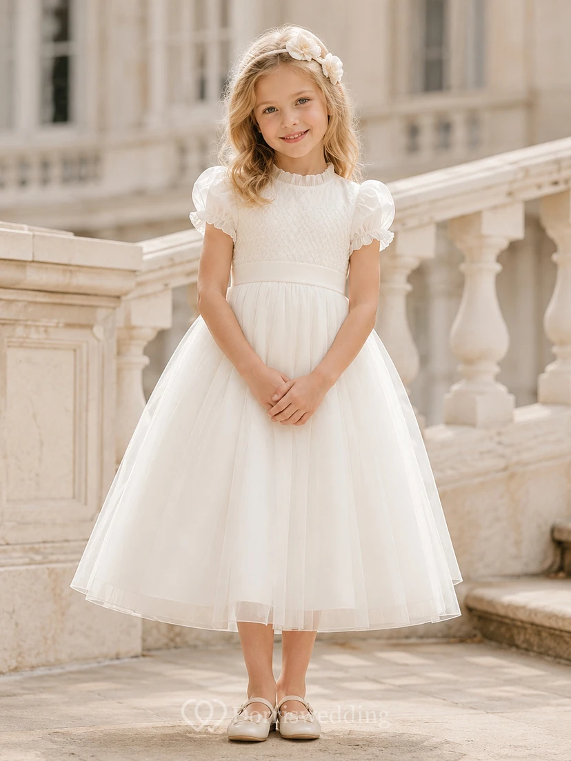 Bow Back Tulle A-Line Flower Girl Dress with Jewel Neck and Tea-Length Skirt
