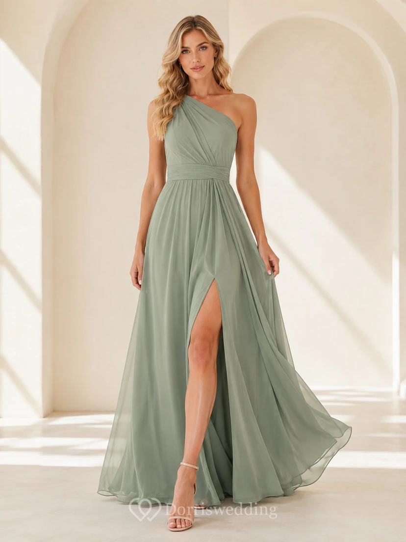 Sage Green Tall One Shoulder Pleated Chiffon Floor Length A Line Dress With Slit