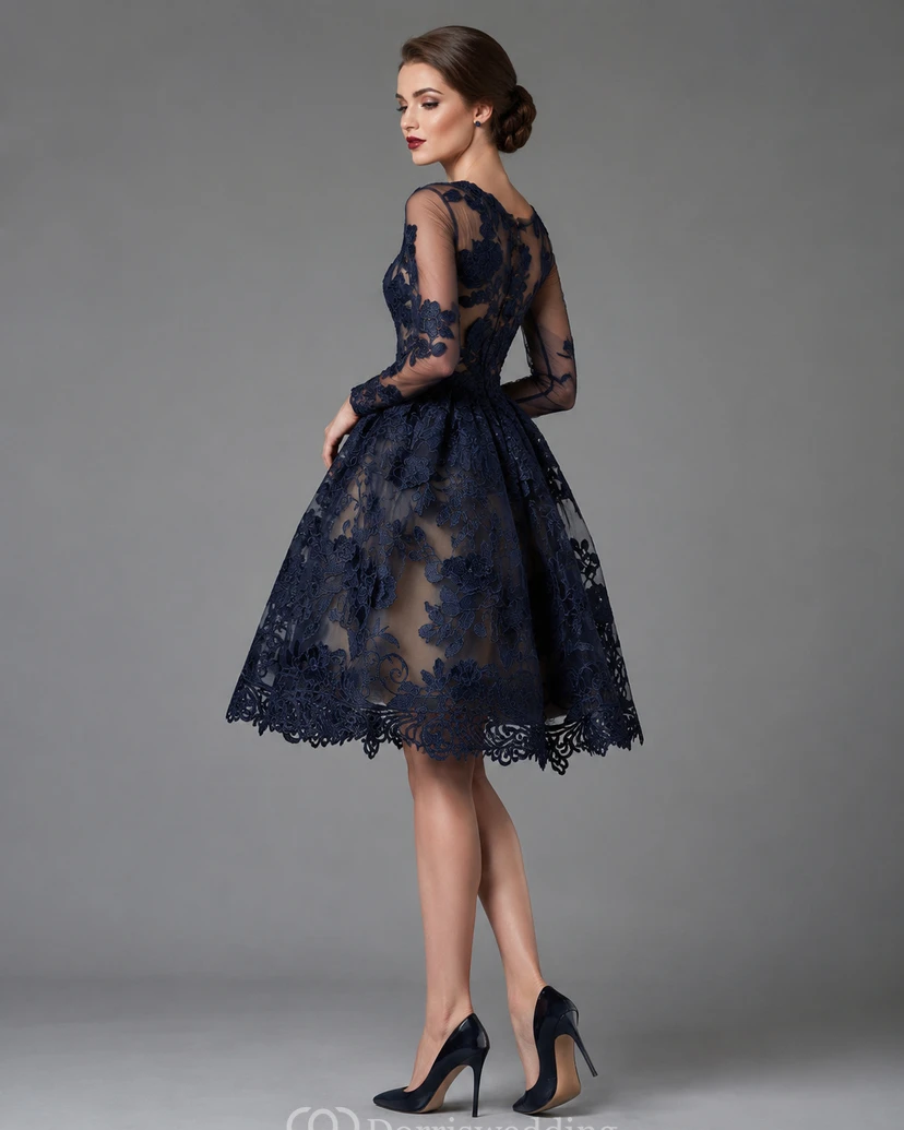 Zartes, ruyalblaues Applikations-Abendkleid mit langen Ärmeln view 18