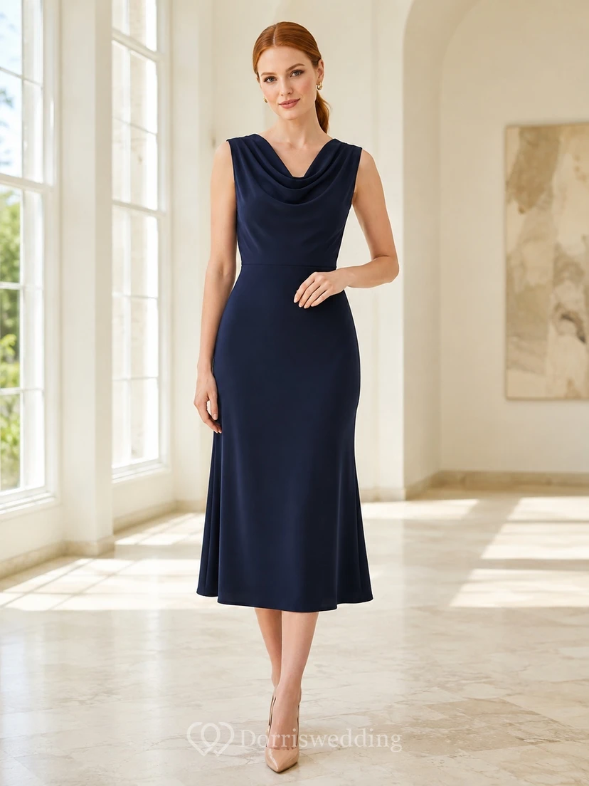 Dark Navy Draped Cowl Neck Sleeveless Satin Midi Sheath Evening Dress