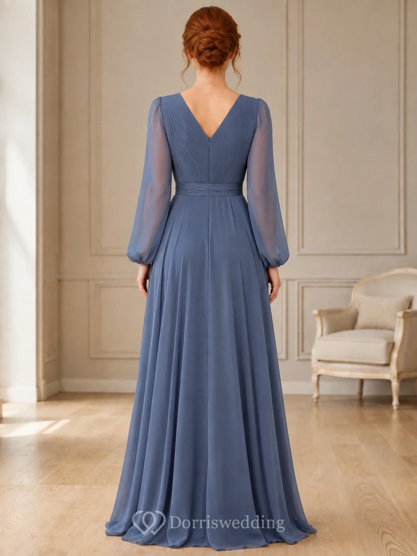 Slate Blue V-neck Long Sleeve A-Line Floor-length Elegant Maxi Dress view 2