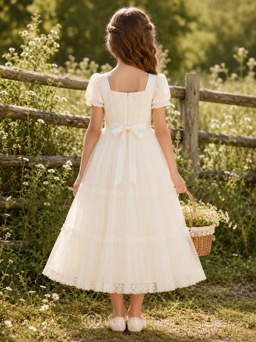Tiered Tulle A-Line Flower Girl Dress with Short Sleeves, Square Neck, Floor-Length Skirt and Tiered Skirt view 2