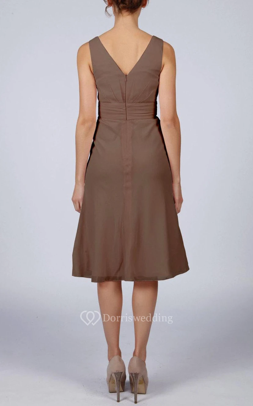 V Neck V Back Sleeveless A-line Chiffon Knee Length Dress Brown view 2