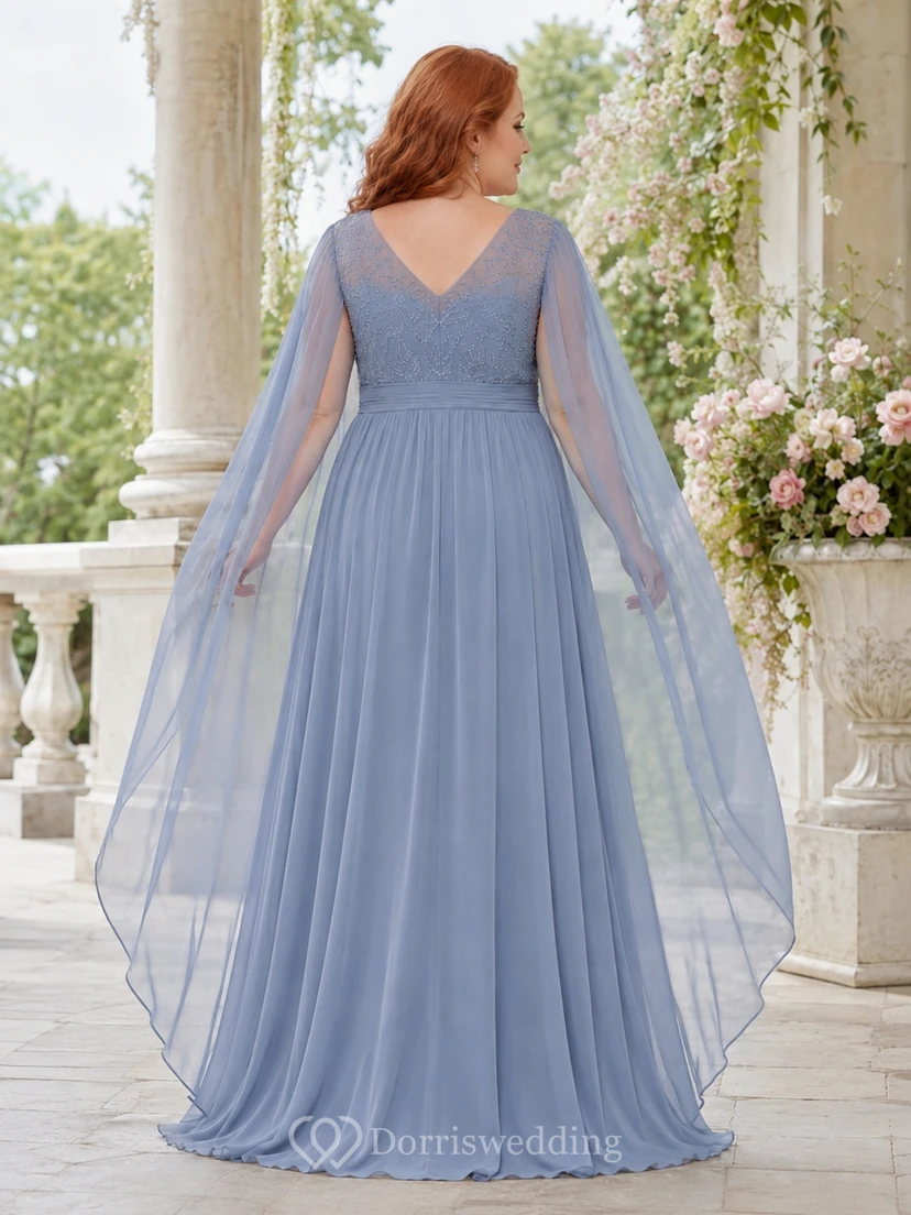 Slate Blue Plus Size Poet Sleeve Chiffon V-Neck A-Line Formal Gown view 2