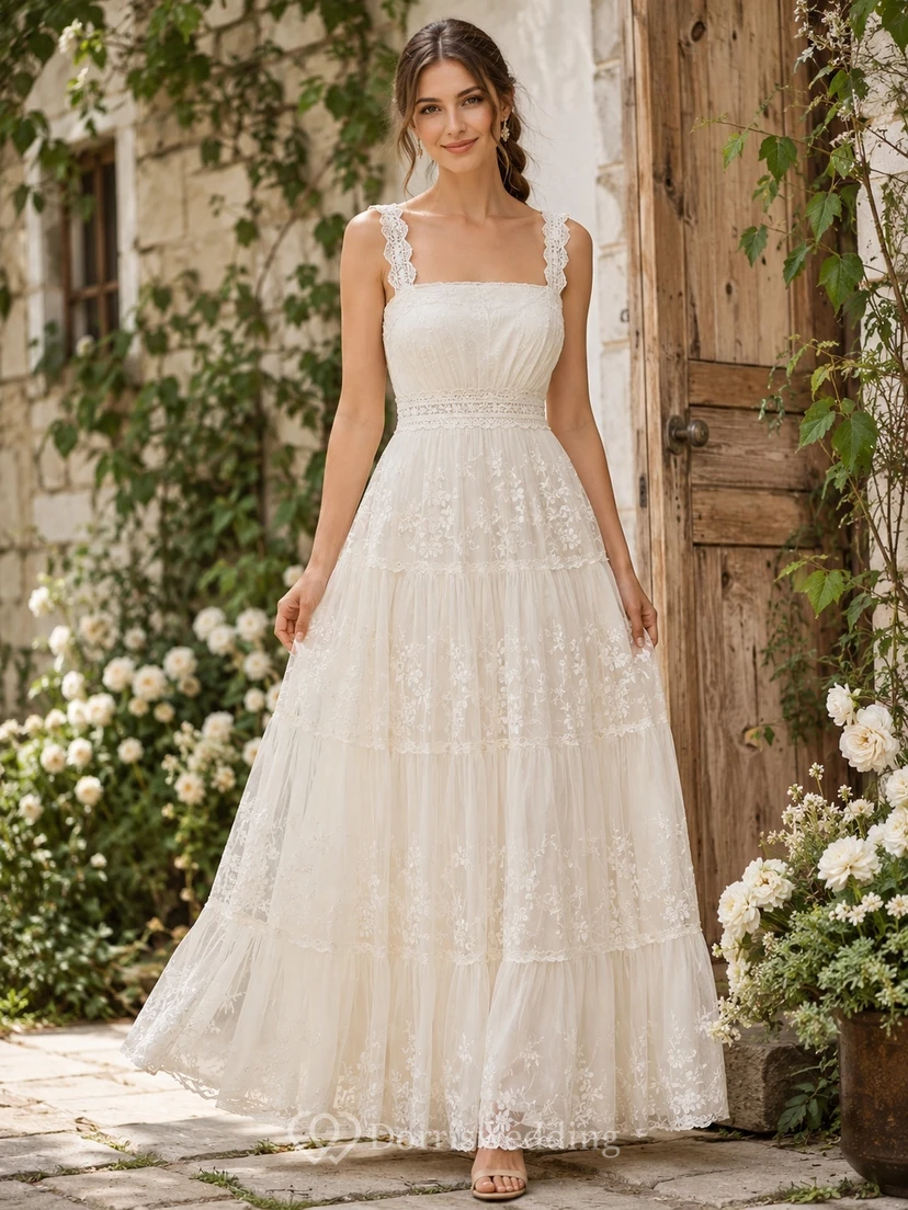 Vestido de novia bohemio de corte A, largo hasta el suelo, con escote cuadrado, tirantes y encaje.