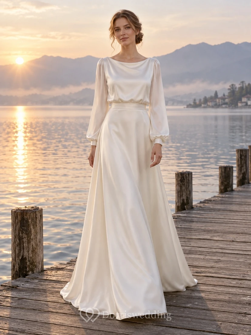 Vestido de novia sencillo de satén con cuello drapeado y mangas largas, corte en A