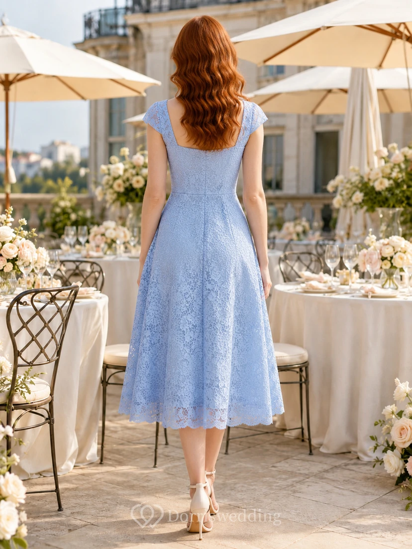 Sky Blue Square Neck Lace Bridal Shower Dress view 2