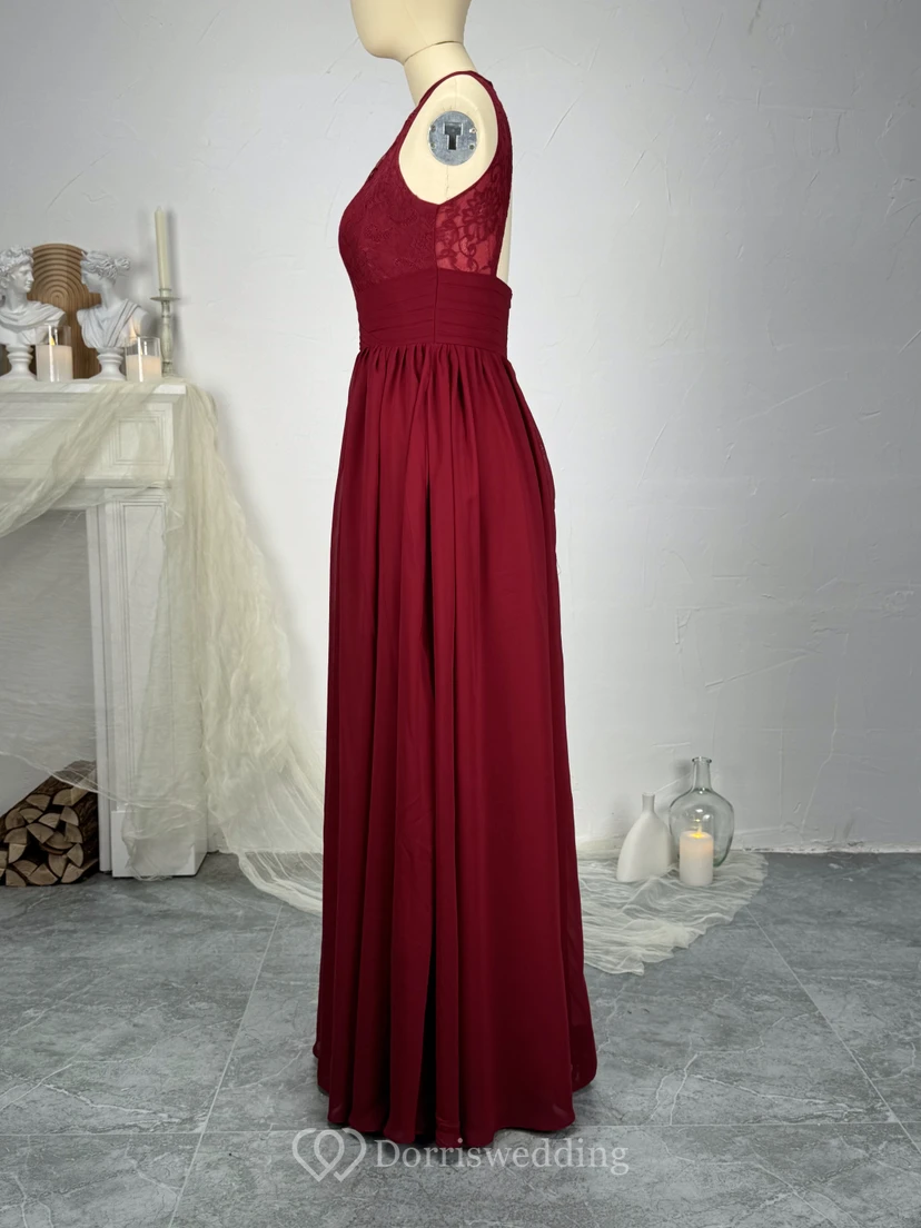 Robe de demoiselle d'honneur rose poudré sans manches en mousseline avec détails en dentelle et dos nu en forme de goutte d'eau view 6