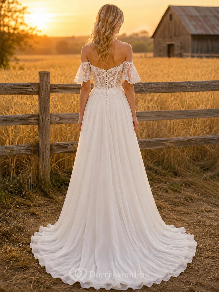 Brautkleid im Landhausstil aus Chiffon und Spitze, A-Linie, schulterfrei, kurze Ärmel, Schleppe und Schlitz view 2