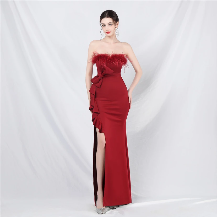 Crafted Custom-Made Ostrich Hair Off-Shoulder Tube Top Dinner Celebration Wedding Dress video preview