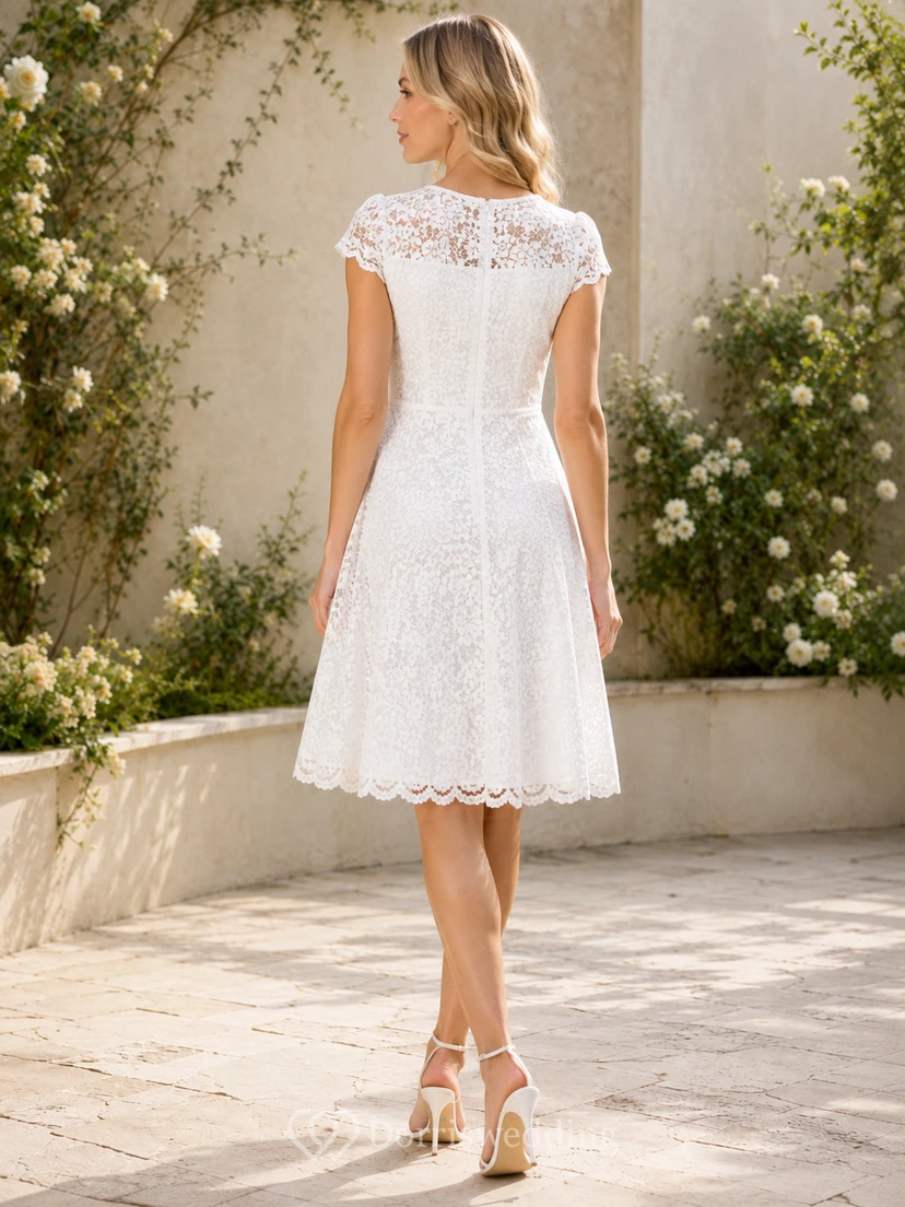 Romantic White V-Neck Cap-Sleeve Lace A-Line Knee-Length Cocktail Guest Dress view 2