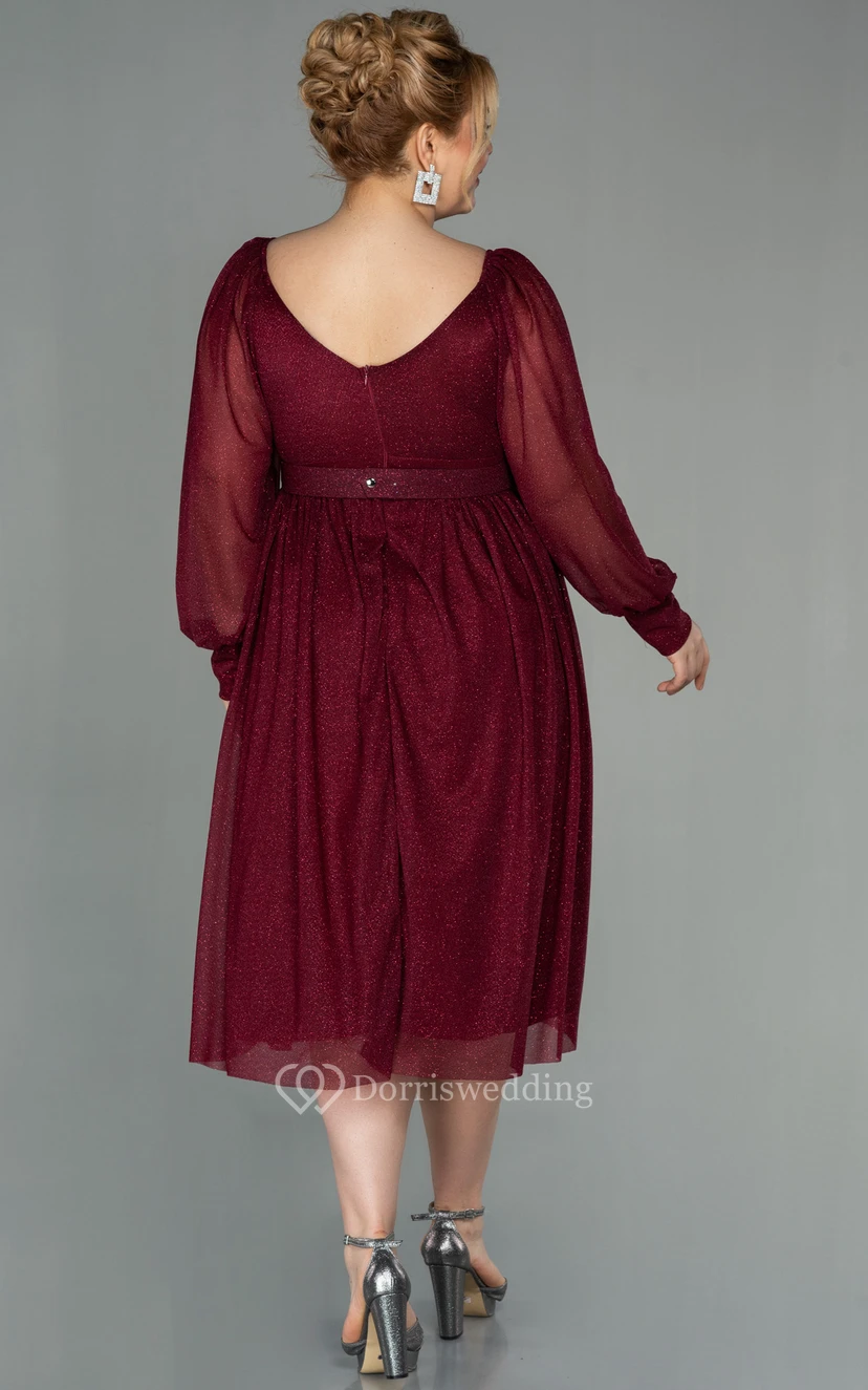 Vestido casual de manga larga, escote en V, corte imperio cruzado, largo hasta la rodilla, talla grande, para la madre de la novia view 4