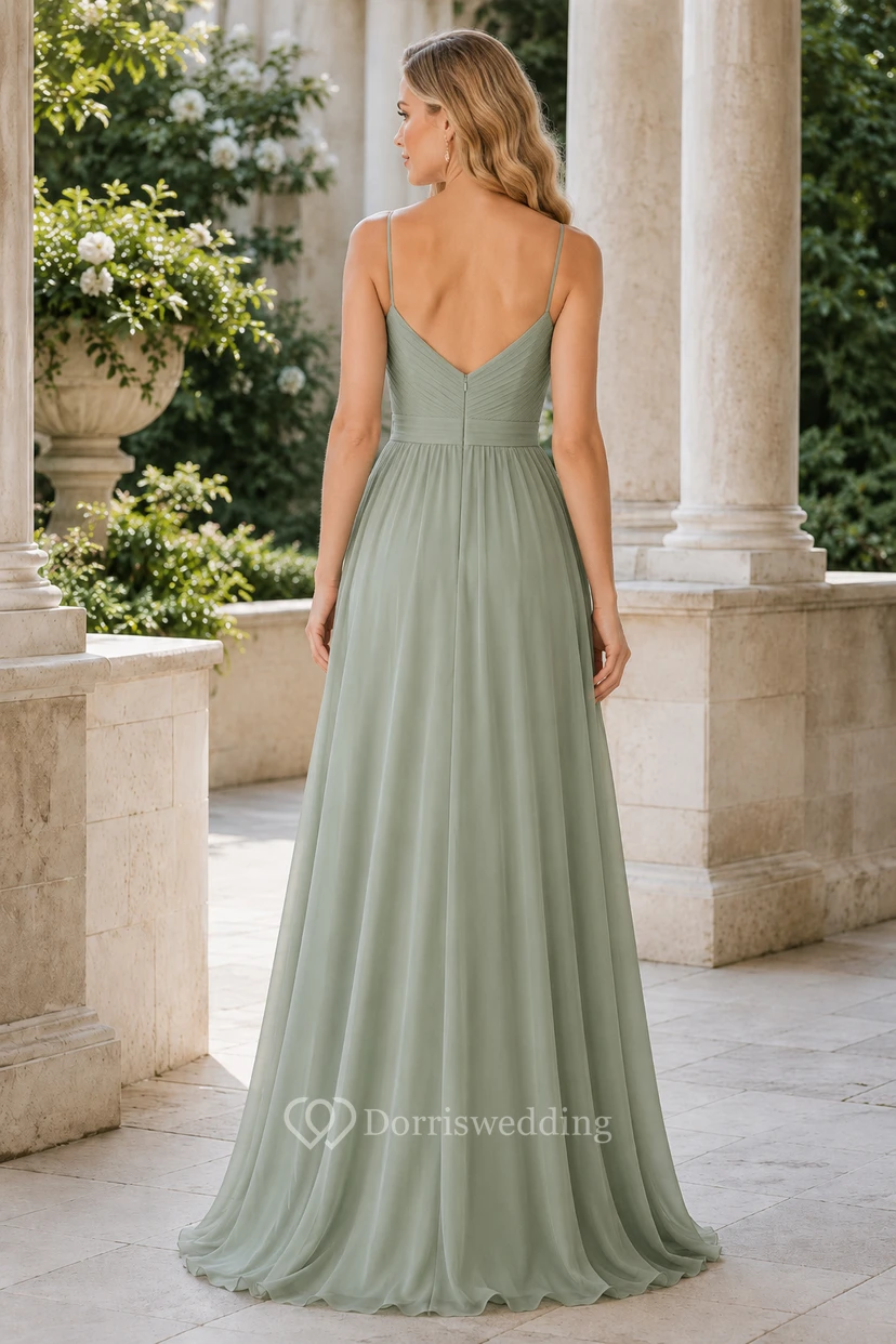 Sage Spaghetti Strap Chiffon A-Line Bridesmaid Dress with V-Neck view 2