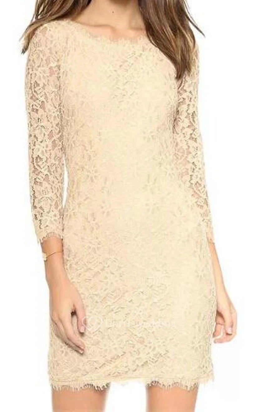 3-4 Sleeved Short Mini Lace Sheath Dress with V-back view 3