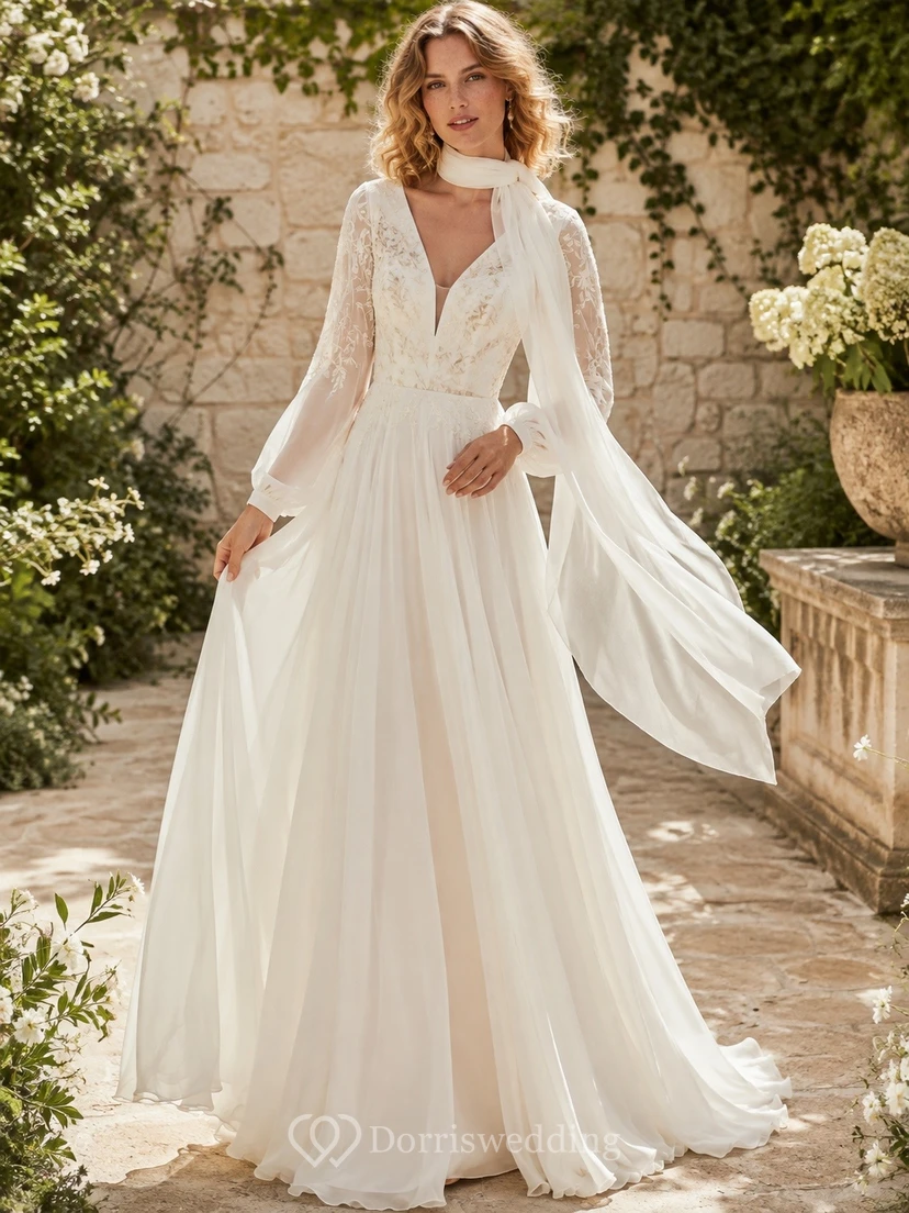 Vestido de novia clásico de encaje con falda acampanada, mangas largas y cola larga