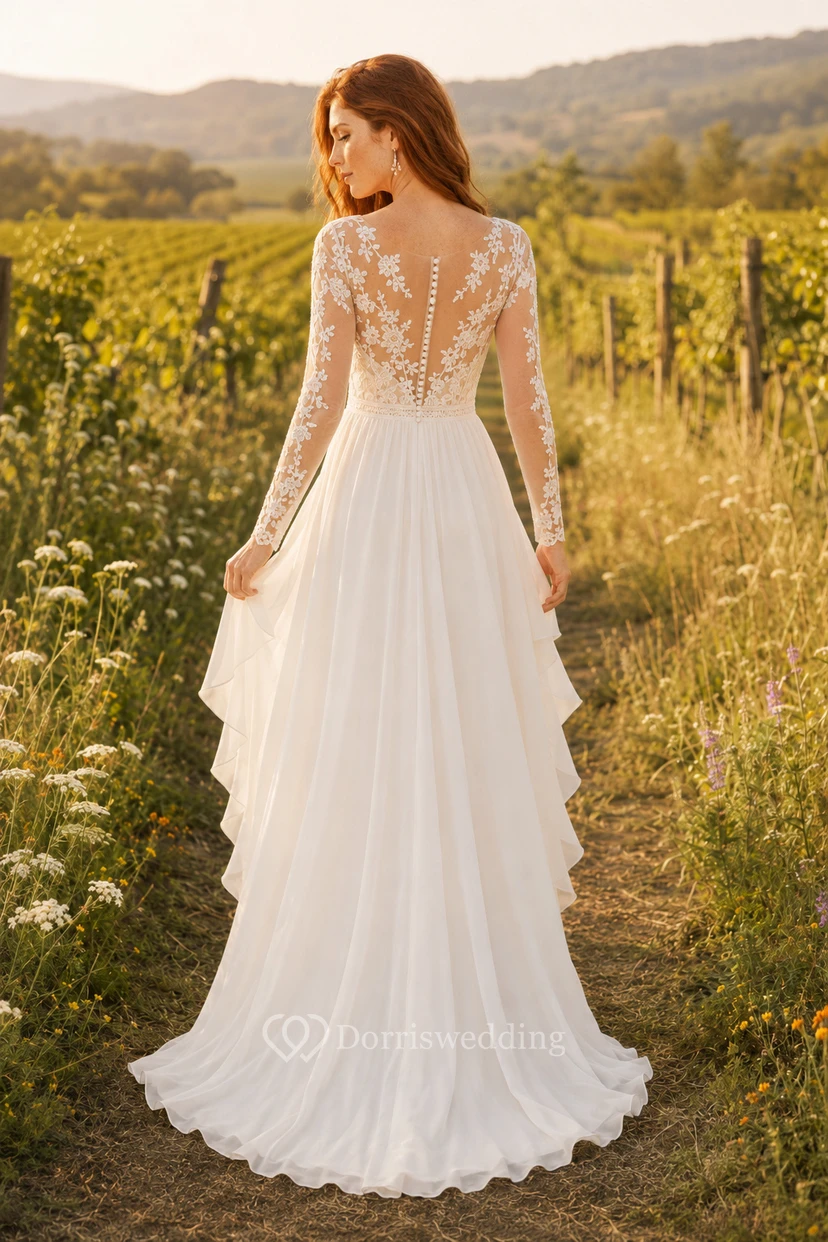 Robe de mariée asymétrique en dentelle à manches longues avec traîne view 2