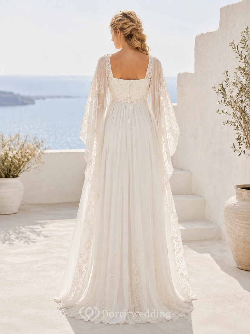 Maternity Wedding Dress Square Neck Bell Sleeve Lace Destination Bridal Gown with Soft Skirt view 2