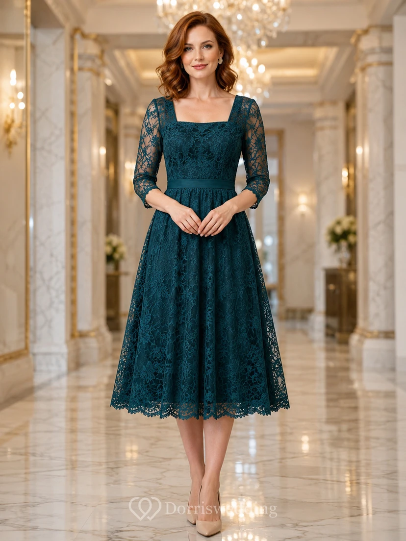 Dunkelgrünes, langärmeliges Midikleid aus Spitze in A-Linie für Eventgäste