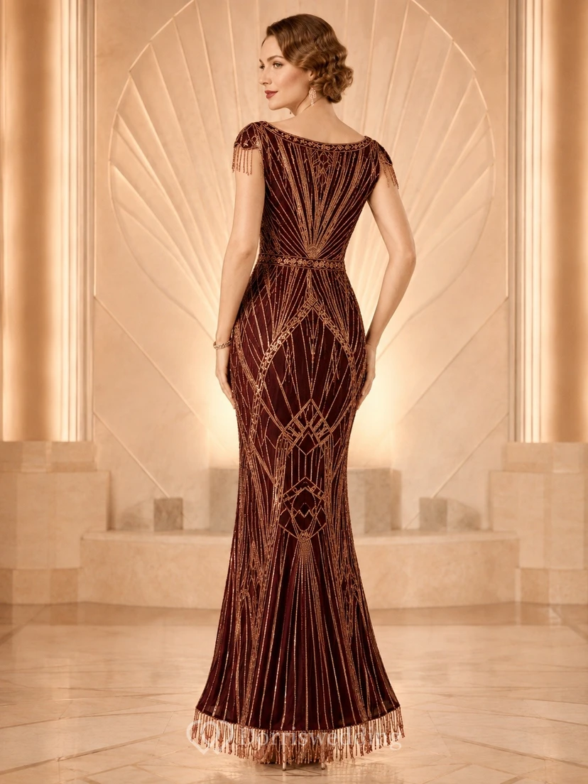 Art Deco Brown Beaded Cowl-Neck Sleeveless Mermaid Floor-Length Formal Dress view 2