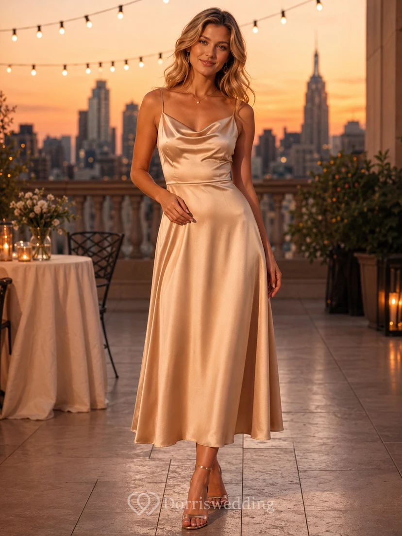 Champagnerfarbenes Satin-Midikleid mit Wasserfallausschnitt, Cocktailkleid für Gäste