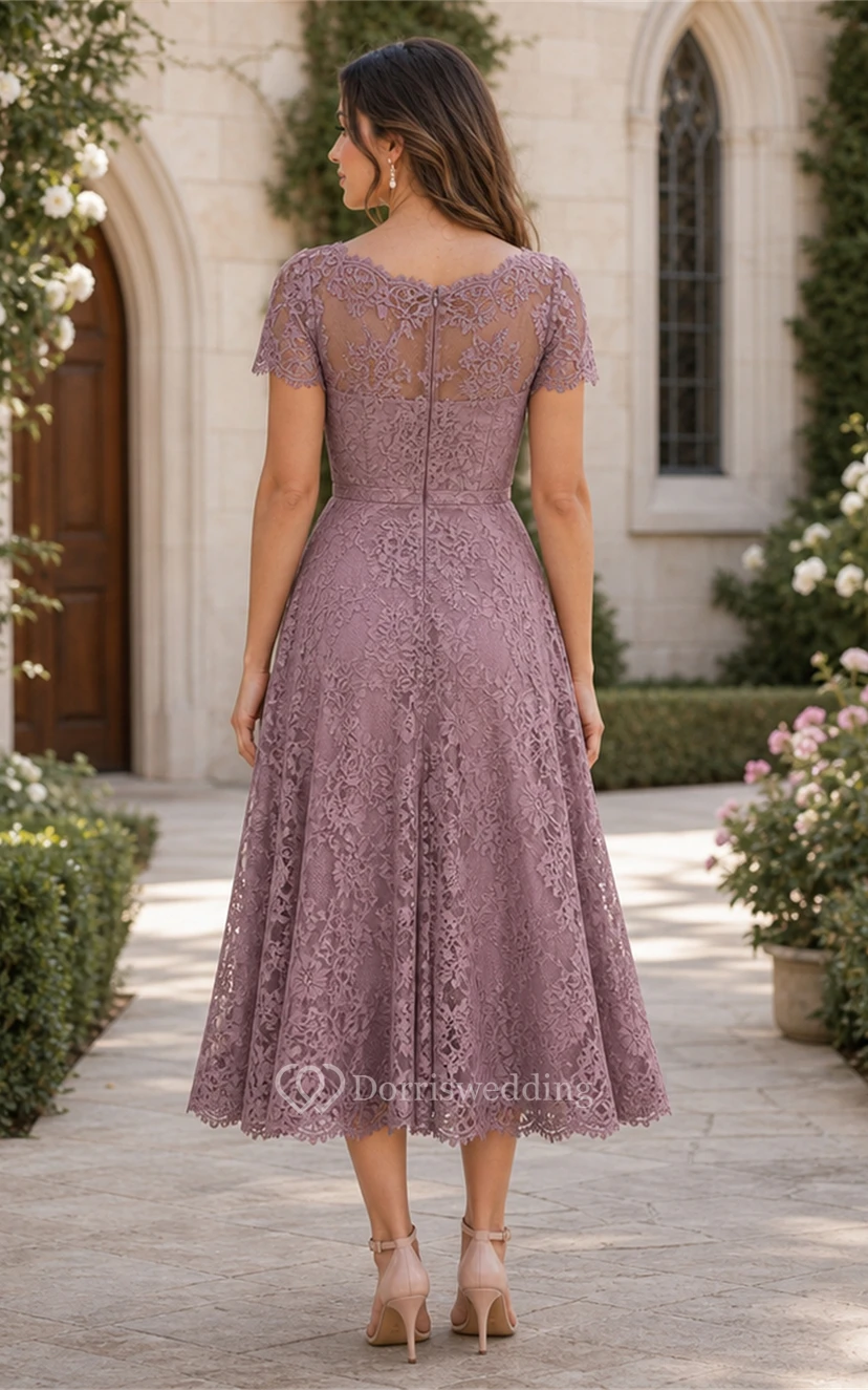 Vintage Mauve Lace Cap Sleeve Tea-length Dress view 2