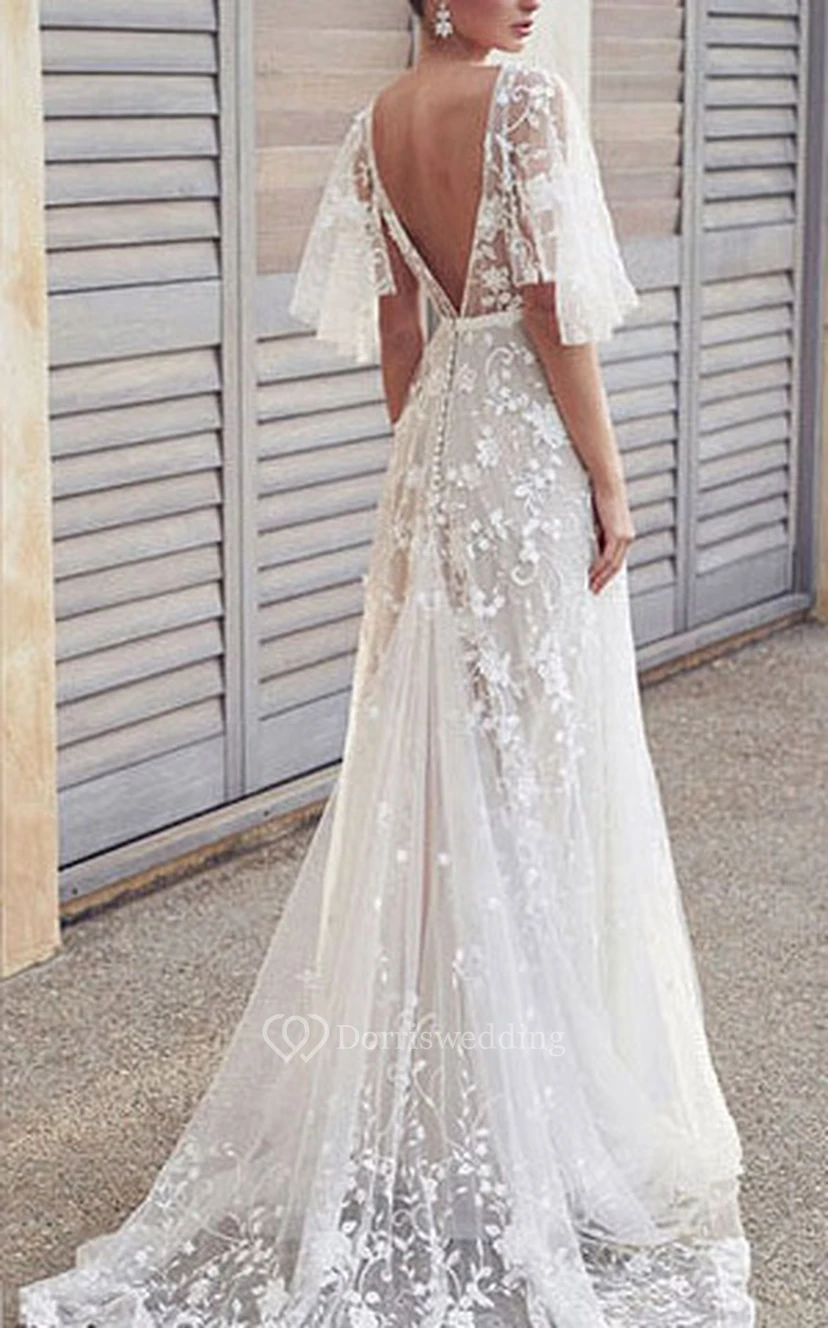 Tüll-Empire-Spitzen-Brautkleid im A-Linien-Stil mit Illusion-Effekt und tiefem V-Ausschnitt am Rücken view 2