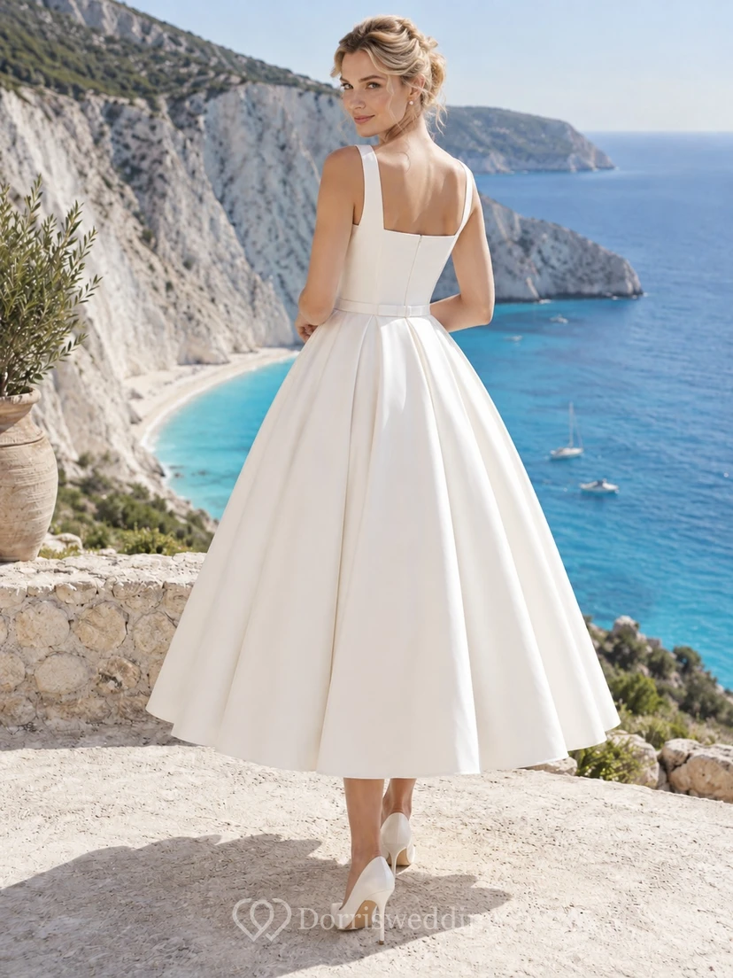 Vestido de novia sencillo de satén plisado, corte A, largo hasta la rodilla, estilo vintage, con escote cuadrado y sin mangas. view 2