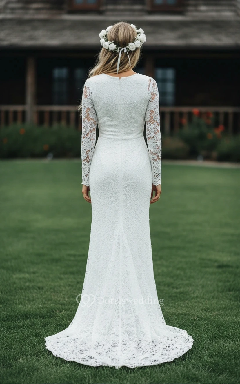 Robe de mariée élégante à manches longues entièrement en dentelle - Robe de mariée fourreau à col rond et col bijou view 2