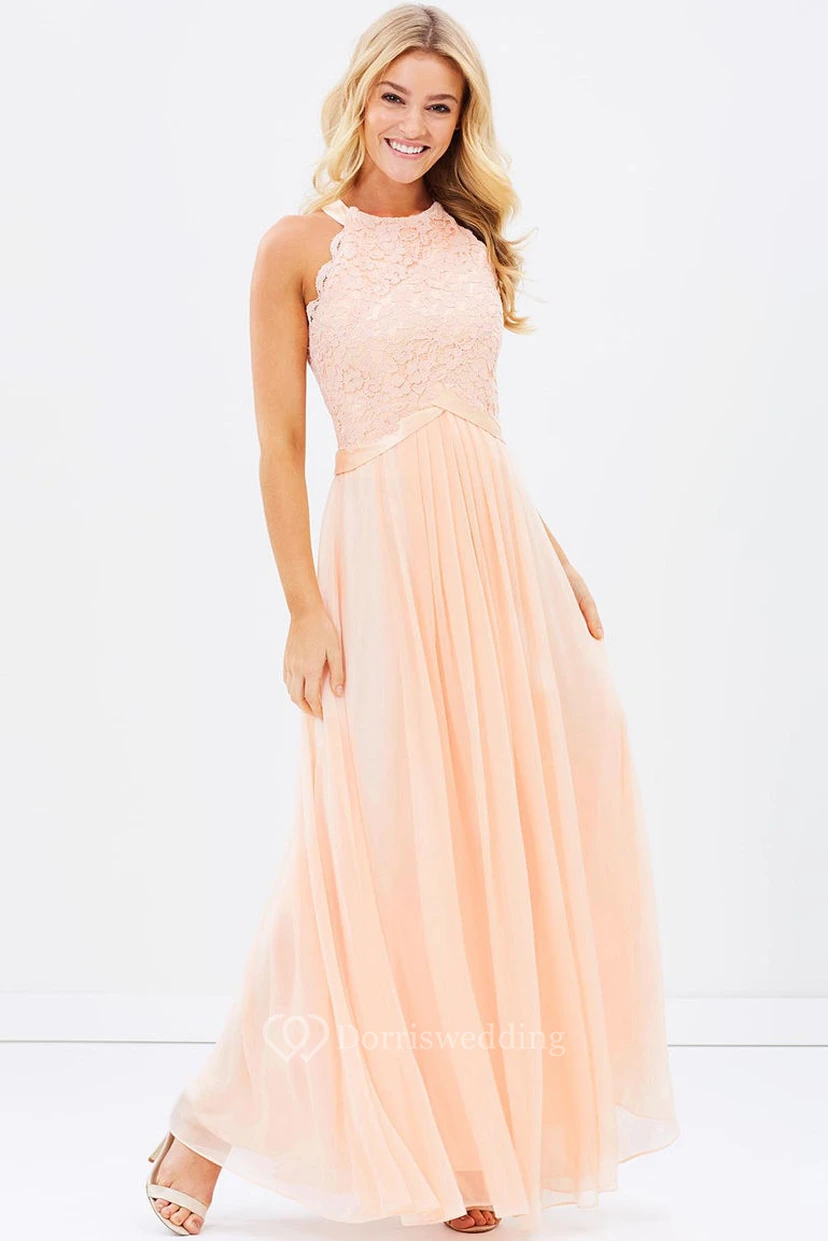 Ärmelloses, appliziertes Brautjungfernkleid aus Chiffon in Rosé mit Rundhalsausschnitt und Schleife