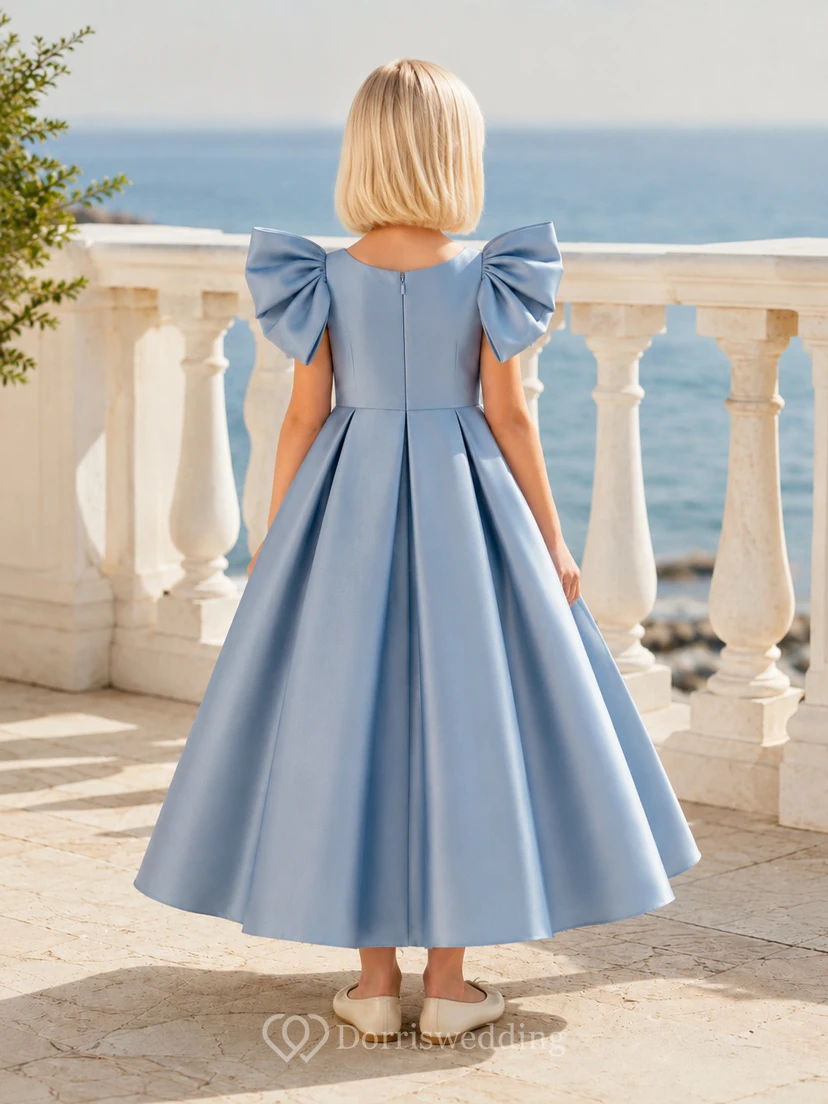 Slate Blue Sculptural Bow A-Line Satin Flower Girl Dress, Sleeveless Jewel Neck, Tea-Length Beach Reception view 2