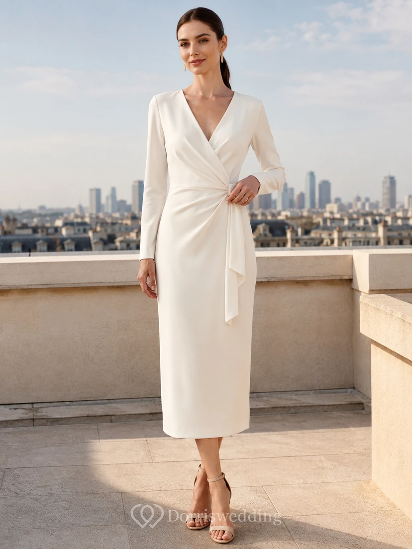 Vestido de novia formal de manga larga con escote en V, fruncido y cinturón de jersey, corte recto hasta la rodilla.