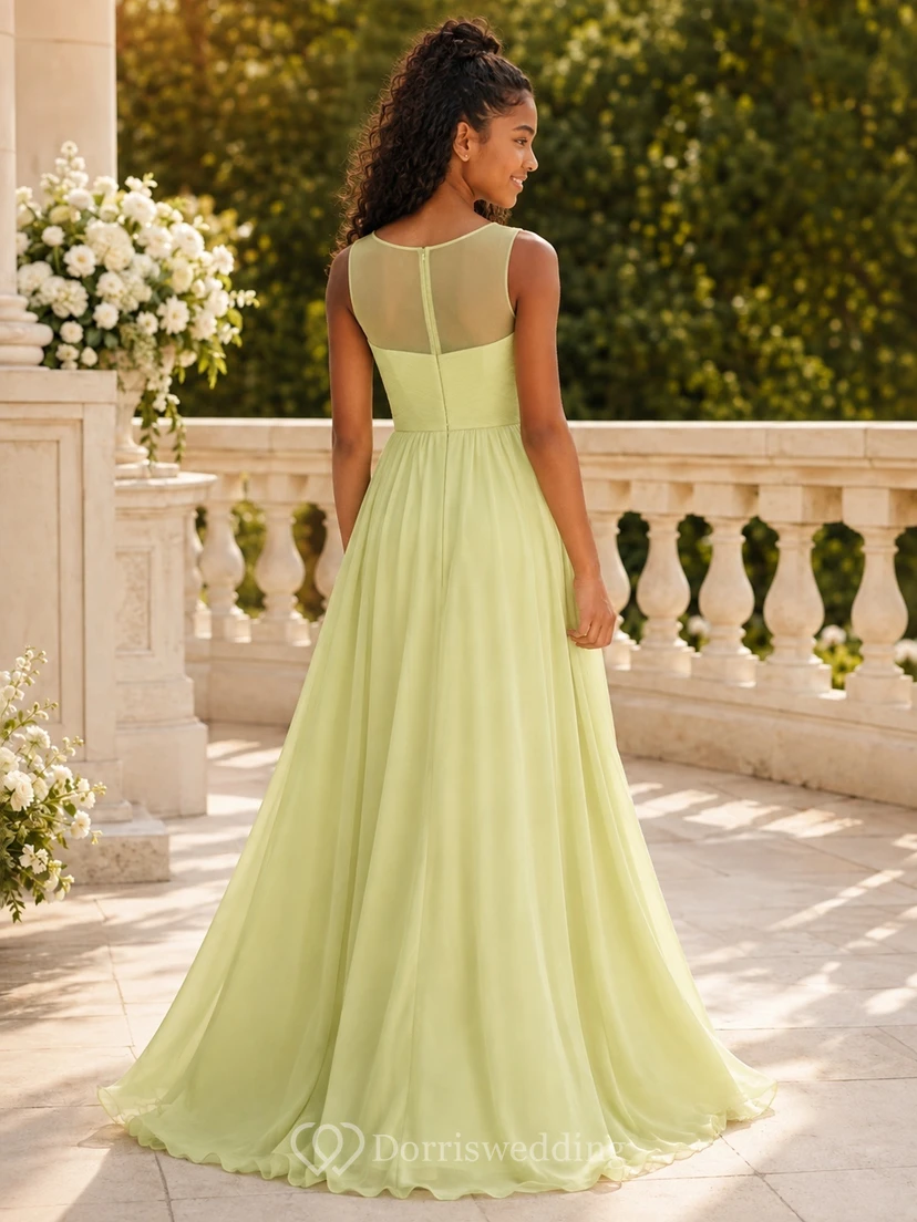 Limettengrünes Brautjungfernkleid für junge Damen, A-Linie, herzförmiger Ausschnitt und hoher Kragen, ärmellos, Illusionsärmel, Chiffon, schlicht view 2