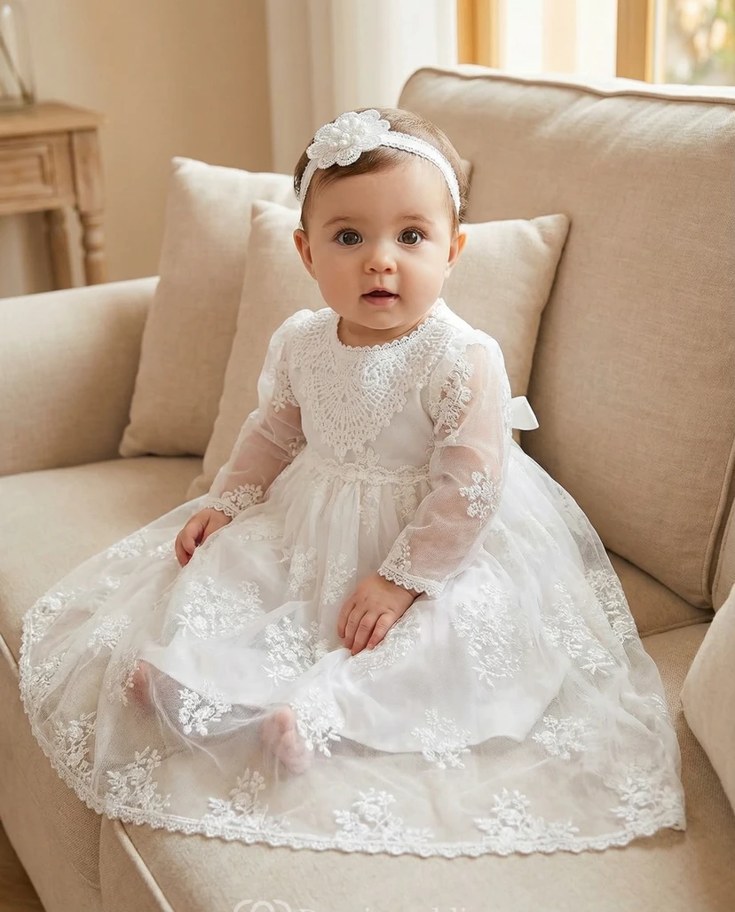Weißes Taufkleid für Blumenmädchen, langärmelig, aus Spitze und Tüll, mit passendem Haarband