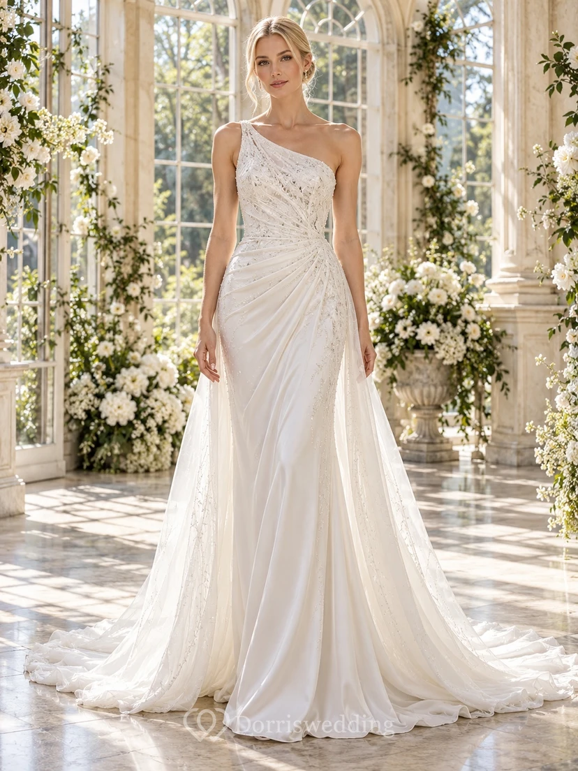 Elegant One-Shoulder Draped Lace Fitted Sweep Train Bridal Wedding Dress