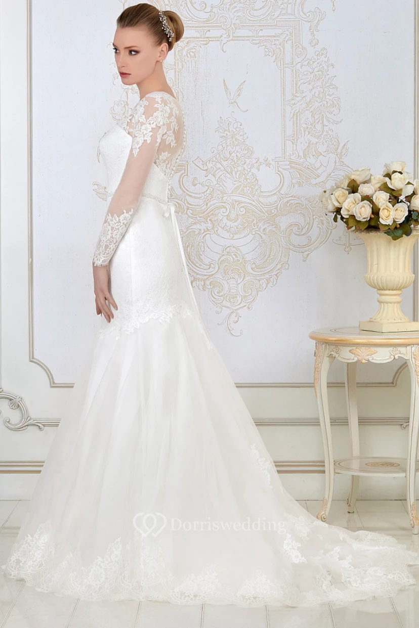 Mermaid Long-Sleeve Jewel-Neck Appliqued Floor-Length Lace&Satin Wedding Dress With Waist Jewellery view 3