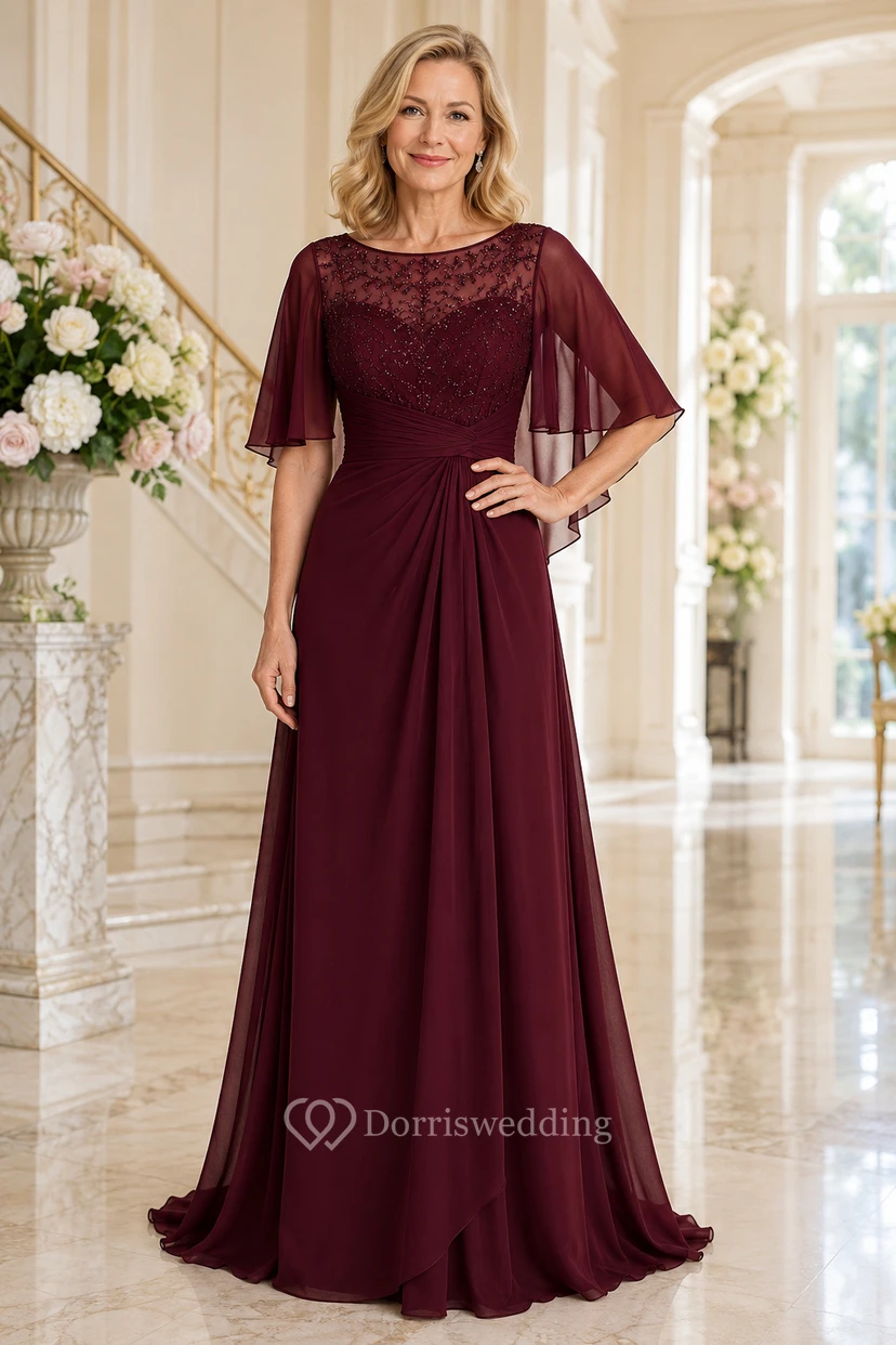 MOB-Kleid aus burgunderrotem Chiffon mit Spitze, A-Linie, flatternden Ärmeln, Rundhalsausschnitt, bodenlang, plissiert