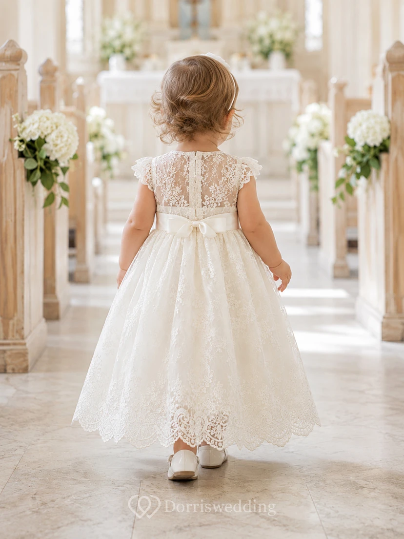 Scalloped Lace Hem Baptism Dress A-Line Tulle High Neck Sleeveless view 2