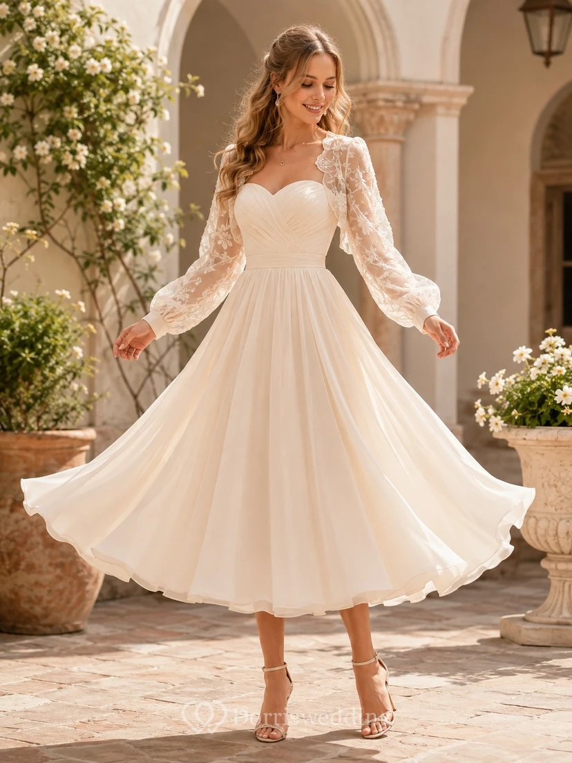 Simple Tea-length Short Bridal Ceremony Formal Bateau A-line Dress