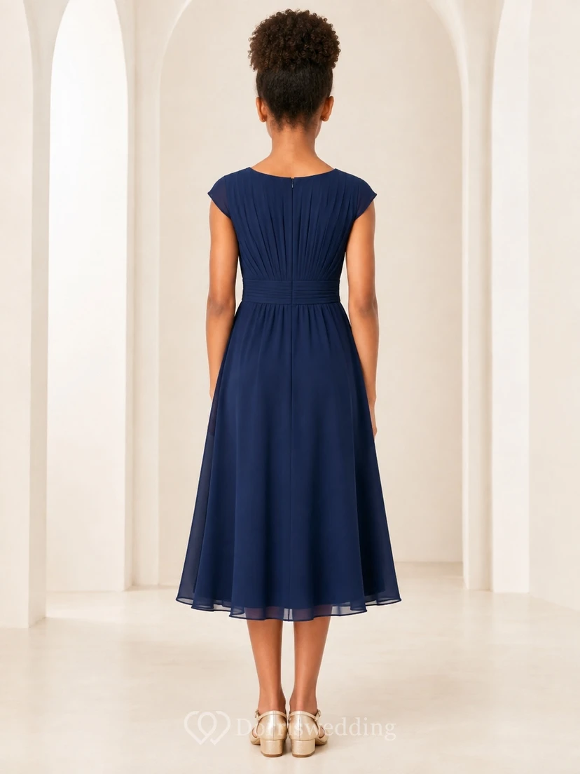 Affordable Dark Navy Short Sleeve Chiffon Scoop A-Line Tea-length Junior Bridesmaid Dress view 2