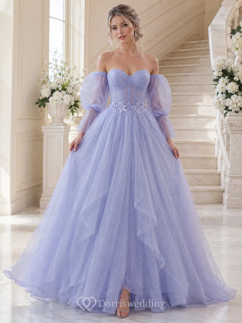 Robe de mariée bustier en tulle pailleté lavande à manches bouffantes