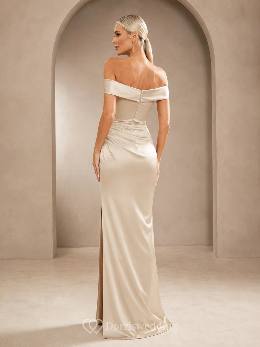 Champagne Off Shoulder Short Sleeve Ruched Satin Split Front Sheath Dress view 2