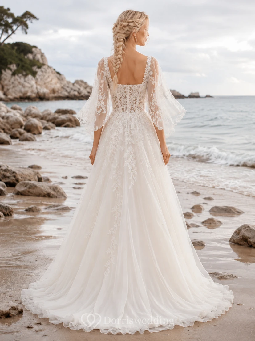 Square Neck Lace Sleeve Coastal Beach Bridal Gown view 2
