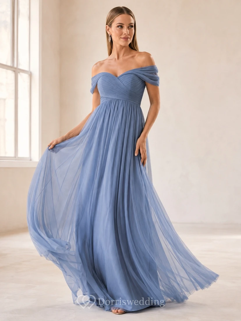 Vestido formal largo hasta el suelo, de gasa azul pizarra, con hombros descubiertos, manga corta, corte imperio y corte en A.