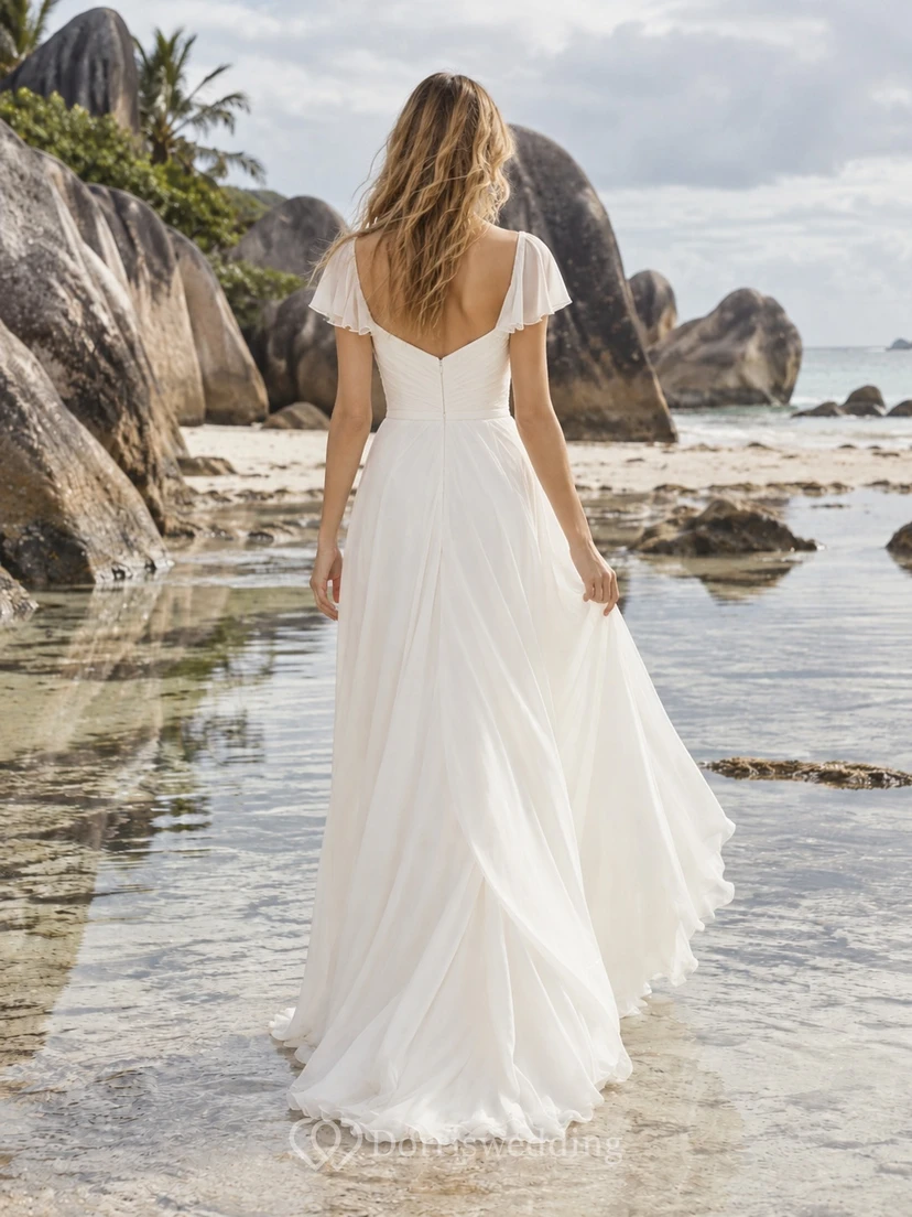 Vestido de novia sencillo de gasa con escote corazón, manga corta, corte en A y abertura lateral. view 2