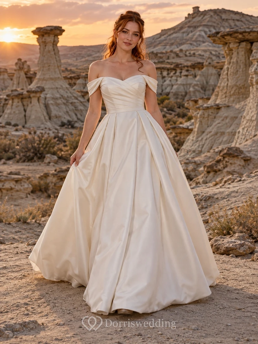 Vestido de novia sencillo de satén plisado de manga corta con escote corazón y hombros descubiertos.