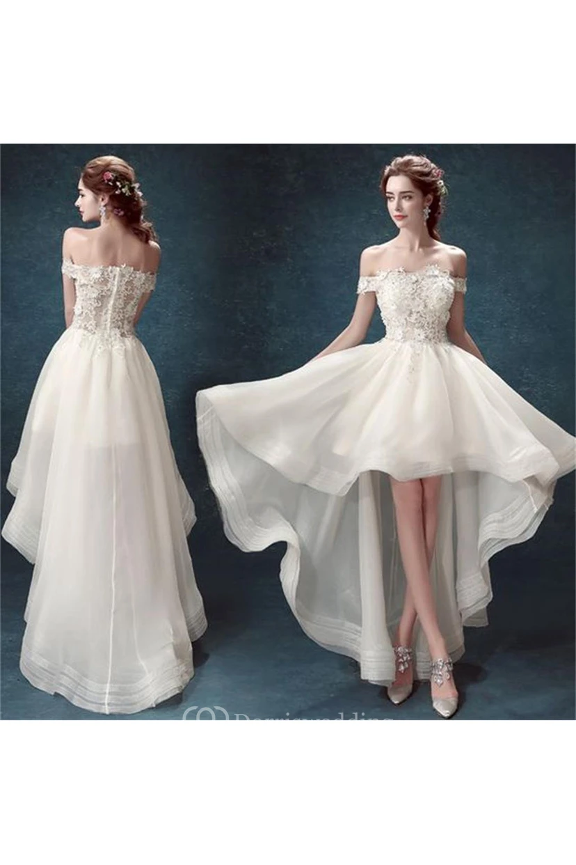 A-Line Organza Lace Off-the-shoulder Short Sleeve Open Back Dress