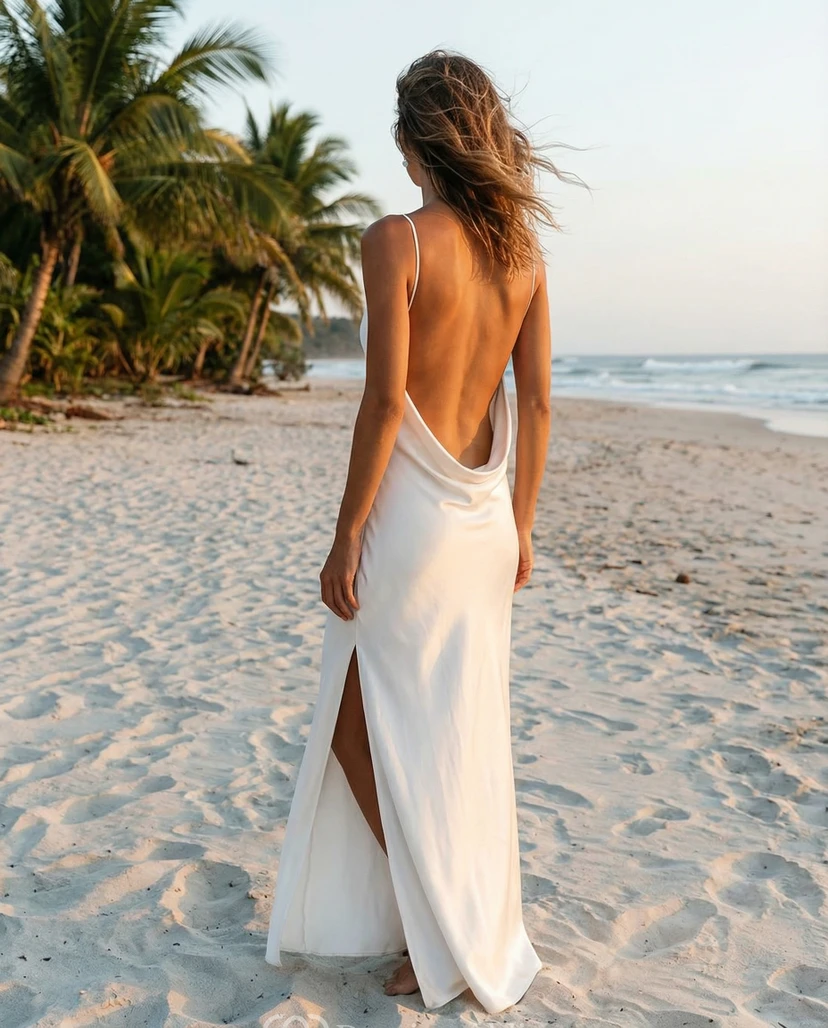 Vestido de novia sencillo para la playa, estilo tubo, con tirantes finos, espalda drapeada y abertura. view 2