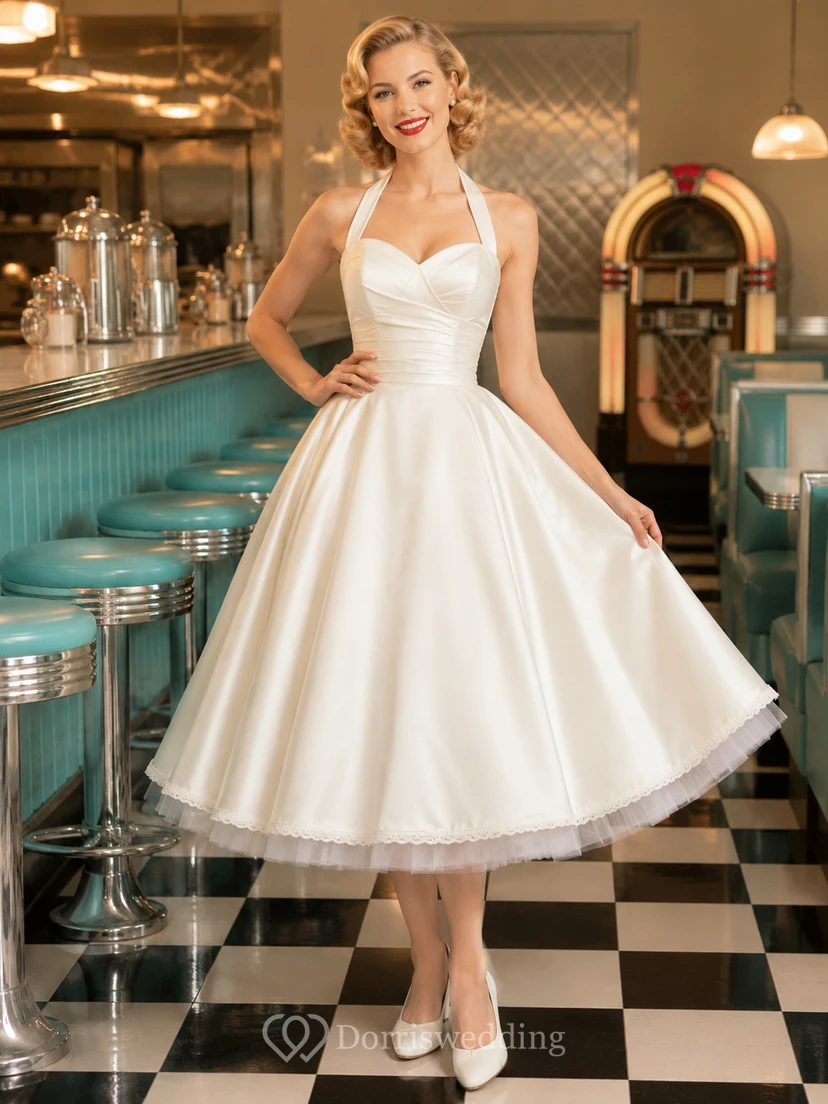 Halter Sweetheart Satin Tea Length Rockabilly Bridal Dress