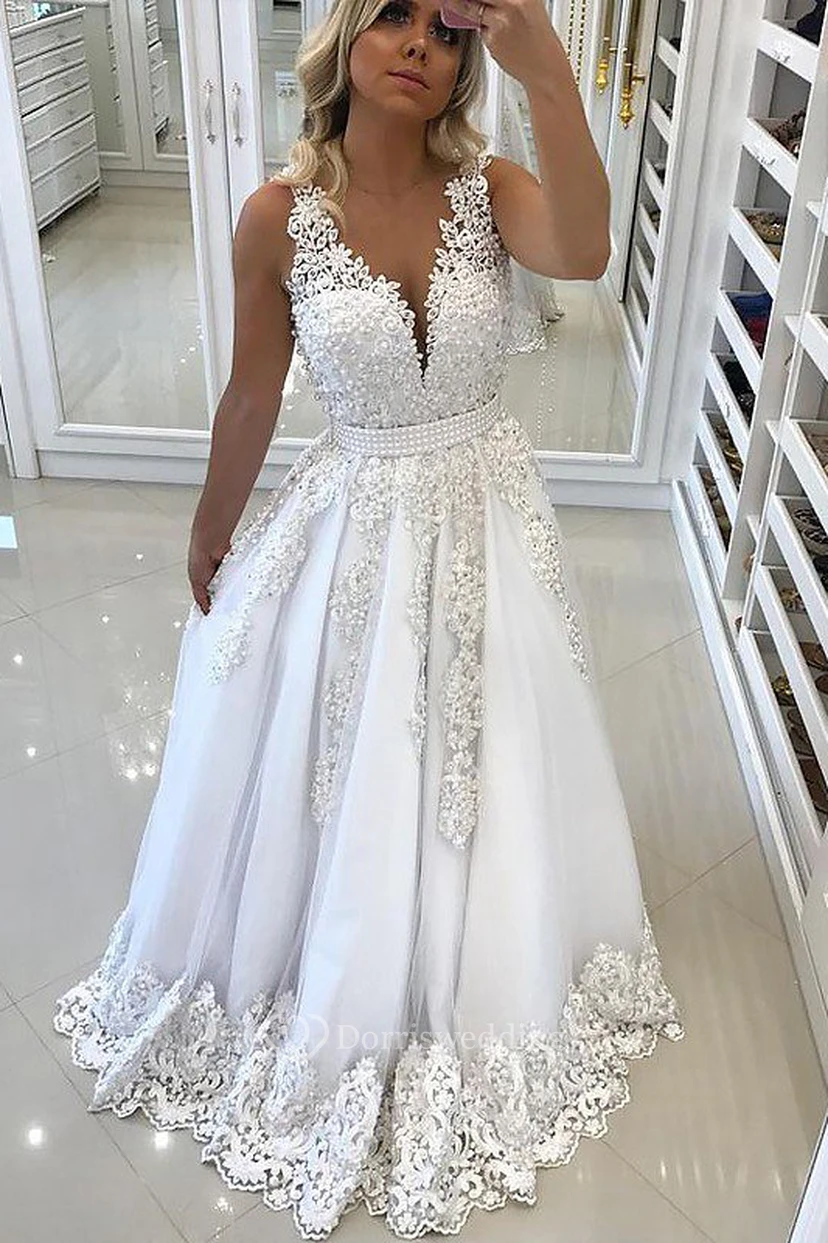 A-Line Lace Tulle V-neck Sleeveless Open Back Deep-V Back Dress