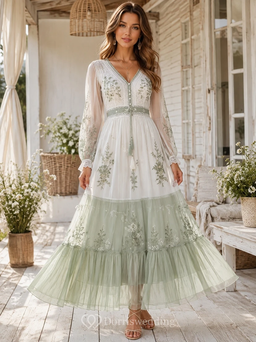 Vestido de noche largo hasta el suelo, sin mangas, de gasa con escote cuadrado y estampado floral en color verde salvia.